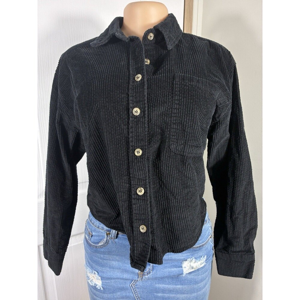 Better/Together Womens Corduroy Shirt Sz S Black button-up chest pocket crop
